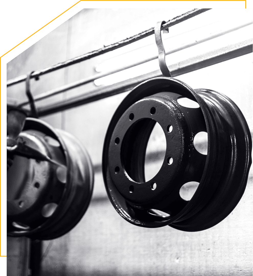 Black and white steel rims hanging